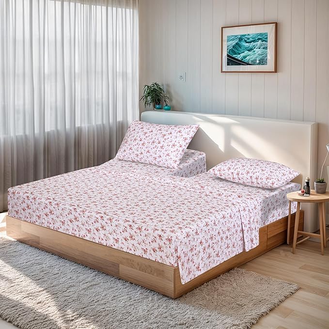 RUVANTI 100% Cotton Sheets – Split King Size Percale Bedding, Cooling & Breathable Floral Design, Durable with a Crisp, Soft & Comfortable Feel, 16" Deep Pocket, 5-Piece Set, Bouquet