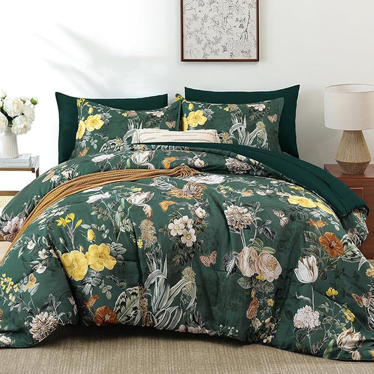 WONGS BEDDING Green Comforter Set King,7 Pieces Floral Comforter Set for All Seasons,Bed in a Bag King with Botanical Flowers Comforter, Sheets, Pillowcases & Shams