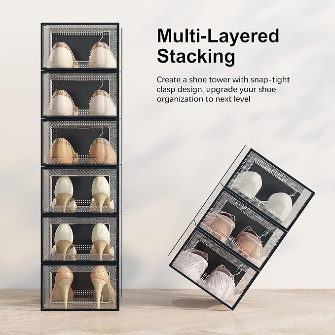 SEE SPRING 12 Pack Shoe Storage Box, Clear Plastic Stackable Shoe Organizer for Closet, Space Saving Shoe Rack for Entryway Sneaker Container Bin Holder (Black) - Image 3