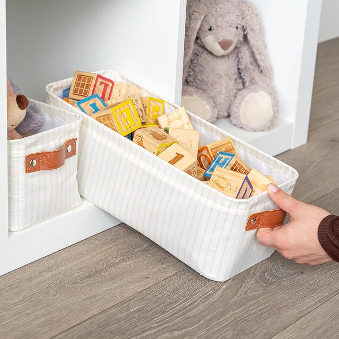OrganiHaus Narrow Fabric Storage Baskets 2 Pack, Narrow Storage Bins for Shelves, Closet Storage Bins for Pantry Entryway, Cloth Canvas Basket, White/Brown - Image 3