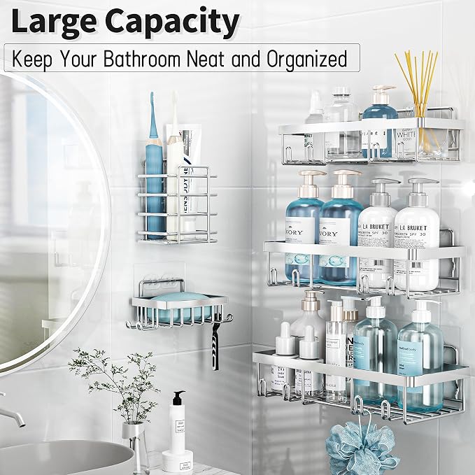 Liuoud 10 Pack Shower Caddy Organizer Rack Shelf for Inside Shower, Self Adhesive Wall Storage Basket Rustproof Stainless Steel Shampoo Holder Bathroom Accessory Decor Set, Silver - Image 6