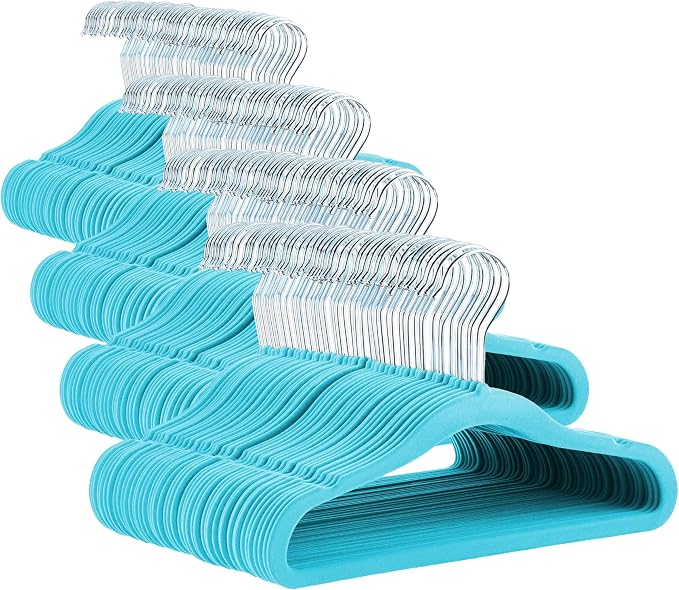 Amazon Basics Kids Velvet, Non-Slip Clothes Hangers for Infant and Toddler, 11.6 inches (for Baby Clothes), 50 Count, Blue (Pack of 4) by AmazonBasics