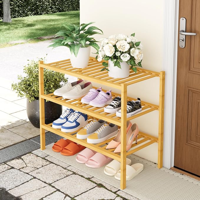 Smiry Shoe Rack, 3 Tier Thick Bamboo Shoe Organizer, Stackable Free Standing Wooden Shoe Storage Shelf for Closet, Entryway, Front Door Entrance, Natural - Image 7