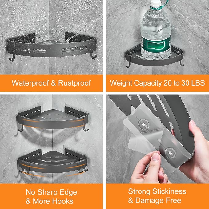 DUFU Adhesive Corner Shower Caddy with Hooks,Bathroom Shower Organizer, No Drilling Rust Proof Aluminum Shower Shelf for Inside Shower 2 Pack (Grey) - Image 3
