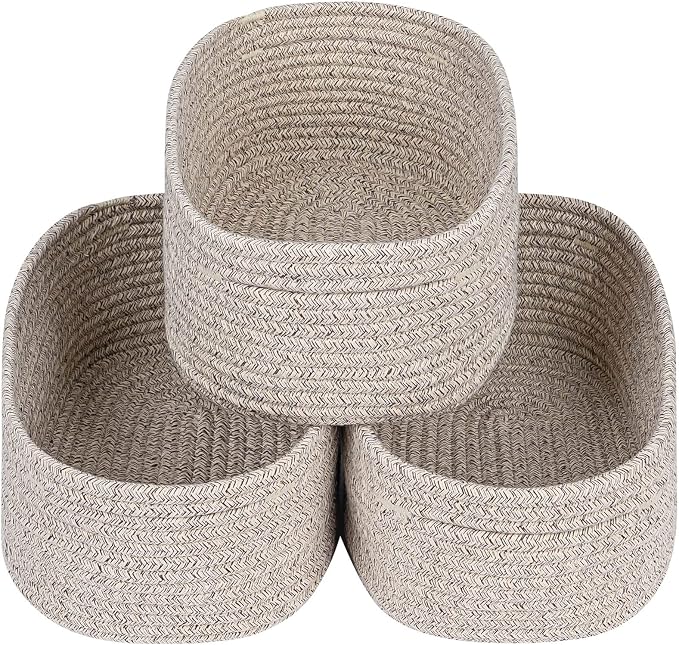 CubesLand Rectangle Organization/Storage Basket, Natural Cotton Rope Woven Baskets for Organizing, Small Basket for Kids, Baby Nursery, Cat Dog Toy Baskets, Organizer Bins for Shelves 3Pc Light Brown by CubesLand