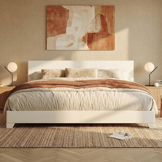 SHA CERLIN King Size Bed Frame with Adjustable Headboard, Faux Leather Upholstered Platform Bed with Wood Slats, Stable Mattress Foundation,No Box Spring Needed, Off-White