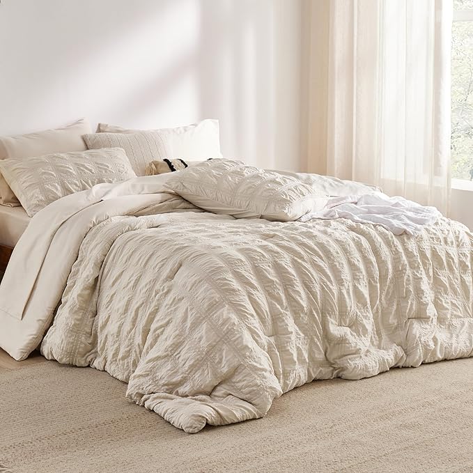 Bedsure Bed in a Bag Twin - 5 Pieces Plaid Seersucker Bedding Comforter Sets, Soft Lightweight Beige Boho Bed Set with Comforters Twin Size, Sheets, Pillowcase & Sham