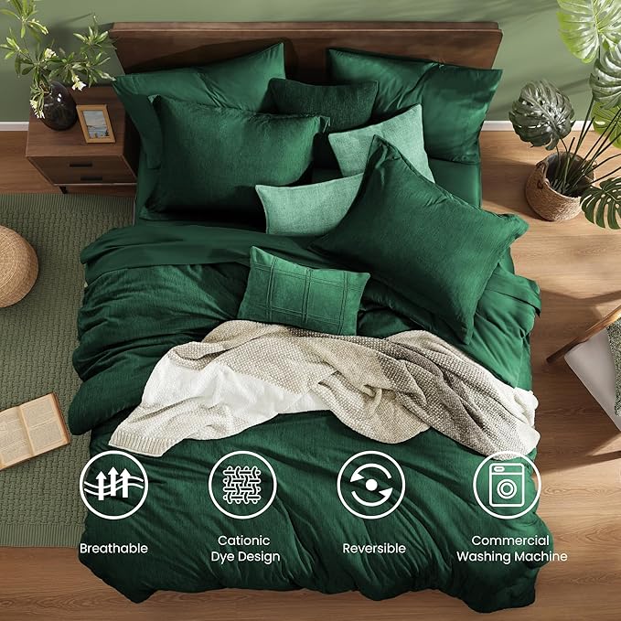 Monbix Queen Comforter Set - 7 Pieces Cationic Dyeing Emerald Green Bed in a Bag Queen Bedding Sets with Comforter, Sheets, Pillowcases & Shams, Reversible Bedding Comforters Sets