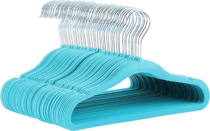 Amazon Basics Kids Space Saving Velvet Non-Slip Clothes Hangers with Shoulder Notches for Infant and Toddler, 11.6", Blue, 50-Pack by AmazonBasics