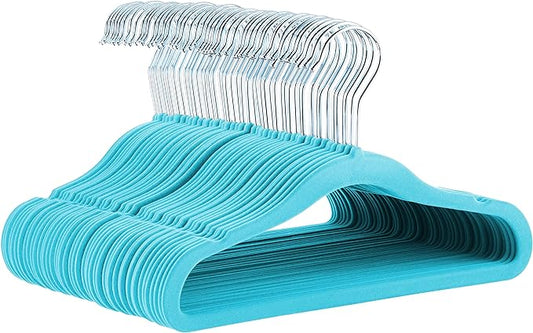 Amazon Basics Kids Space Saving Velvet Non-Slip Clothes Hangers with Shoulder Notches for Infant and Toddler, 11.6", Blue, 50-Pack by AmazonBasics