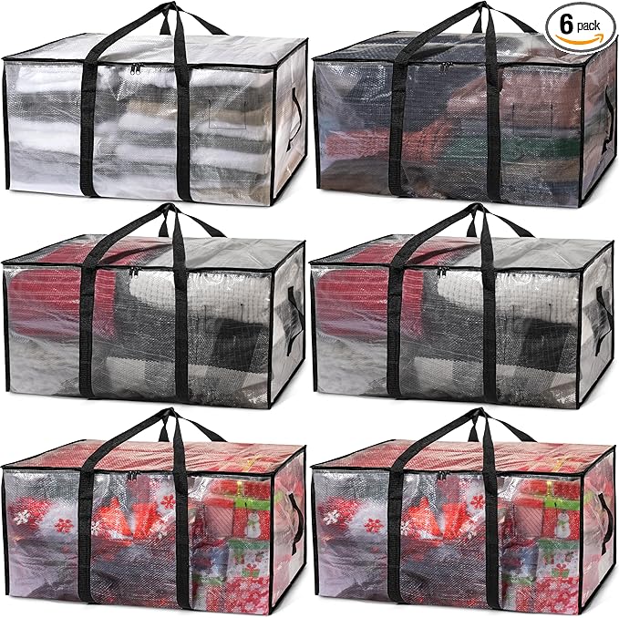 ClearSpace Clear Storage Bins with Lids or Storage Bags – Heavy Duty Moving Bags, Large Moving Boxes with Backpack Straps & Zippers – Packing Bags & Moving Supplies for College Dorm, 6 Pack