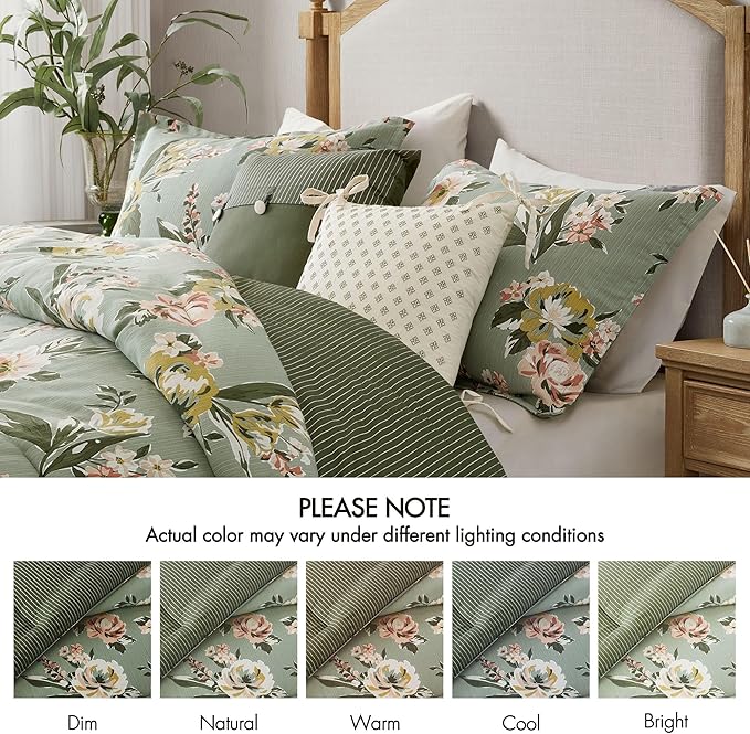 Madison Park Vintage Floral Reversible Comforters King Size Bed, All Season, Down Alternative Bedding Comforter, Bedskirt, Pillows, Shams, Salara, Queen Green 7 Piece | Reversible