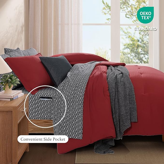 Monbix Full Size Comforter Set - 7 Pieces Bright Red Prewashed Bed in a Bag Full Bedding Sets with Comforters, All Seasons Ultra Soft Comforter Bed Set with Sheets, Pillowcases & Shams