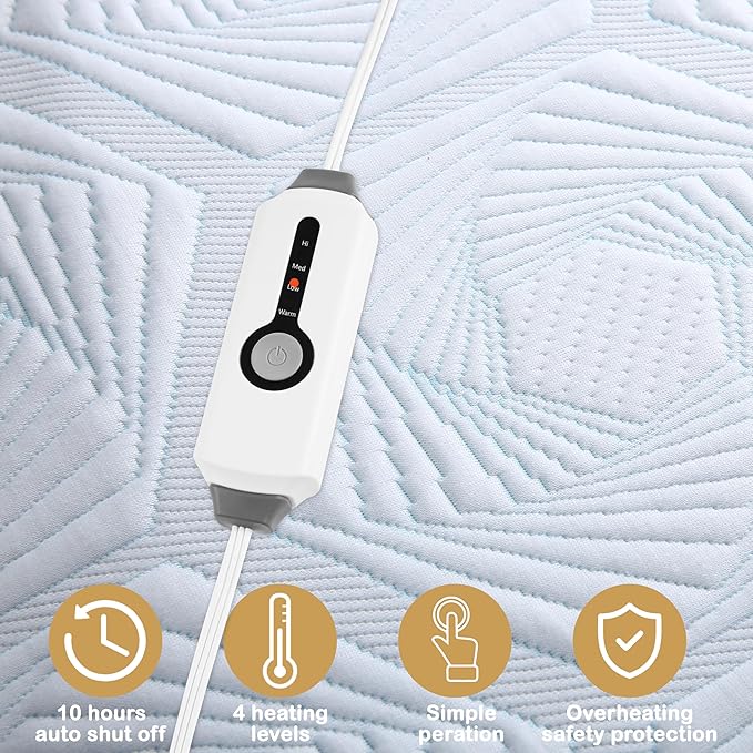 Electric Mattress Pad Twin Size 39"x75" with 10 Hours Auto Off 4 Heat Setting Simple Controller Fit Up to 15 Inch Deep Pocket, Machine Washable - Light White