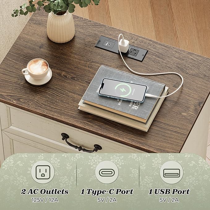 Huuger Nightstand with Charging Station, 3 Drawer Night Stand, 22 Inch Wider Side Table with Storage, Farmhouse Nightstand with Vintage Handles, Thicken Base, for Bedroom, Distressed White