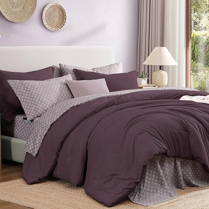 Monbix King Size Comforter Set - 7 Pieces ltalian Plum Prewashed Bed in a Bag King Bedding Sets with Comforters, All Seasons Ultra Soft Comforter Bed Set with Sheets,Pillowcases & Shams