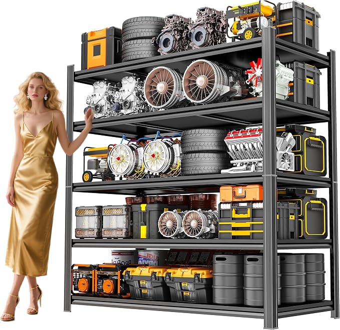 78" H Garage Shelving, 5 Tier Heavy Duty Metal Garage Storage Shelves, 3000 lbs Adjustable Standing Shelf and Double-Layer Posts for Garage,Warehouse,Basement, Kitchen,Thickened 78×40×18in by FlyDzrewtGarageShelving