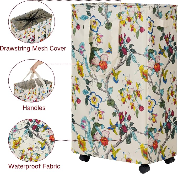 efluky Slim Laundry Hamper with Wheels, Rolling Laundry Basket for Clothes, Small Laundry Basket for Bedroom, Dorm and Laundry Room, 75L (19.8 Gallons) Floral - Image 2