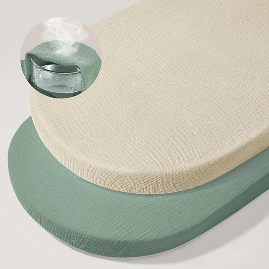 Basumee Muslin Bassinet Sheets for Baby Girl Boy 2 Pack Soft Breathable Baby Bedside Bassinet Fitted Sheets with Bottom Elastic Band Mattress Cover for Rectangle Oval Hourglass Bassinets