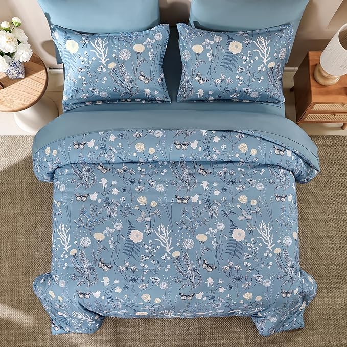 Yiran Blue Comforter Set King Size, 7 Piece Floral Comforter Bedding Set, Botanical Farmhouse Bed in a Bag, Soft Microfiber Complete Bedding Set with Sheets for All Season
