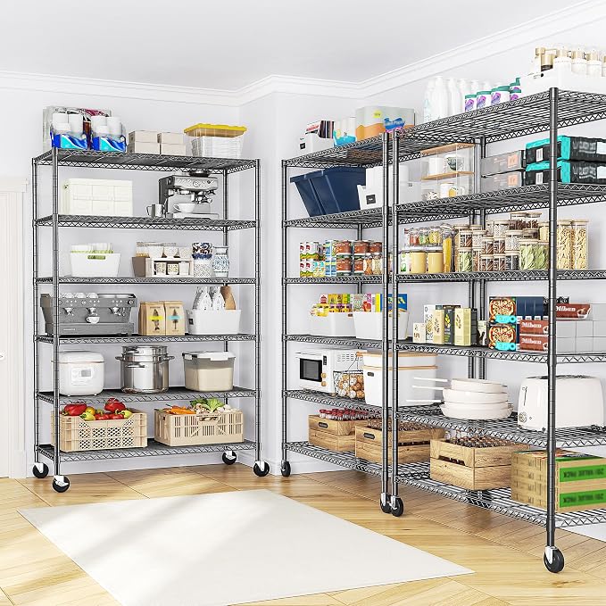 Romorgniz 82"H X45"W X18"D Storage Shelves with Wheels, 6 Tier Wire Shelving Adjustable Metal Shelving Pantry Shelves Capacity 1200LBS for Garage Shelving, Pantry, Kitchen, Closet, Commercial, Black - Image 4