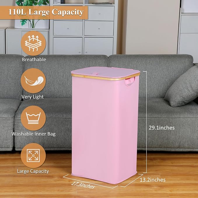 iEGrow Laundry Hamper with Lid, 110L Large Laundry Basket with Handle and Lid, Collapsible Clothes Basket Organizer with Removable Inner Bag for Clothes Toys Towels,Pink - Image 3
