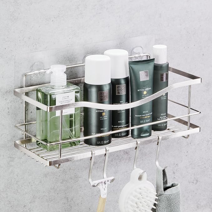 KINCMAX Premium Shower Caddy - Self Adhesive Shower Organizer with 4 Hooks, Rustproof Stainless Steel Shower Rack for Bathroom, Silver by KINCMAX