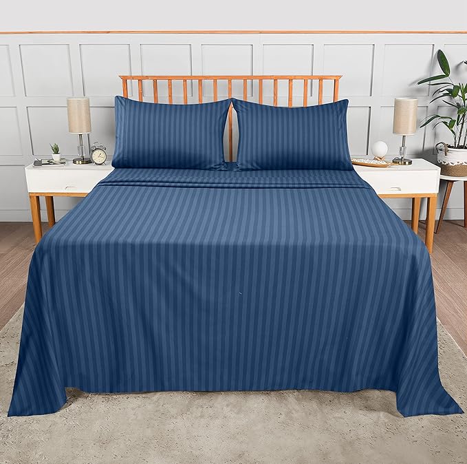 Utopia Bedding Queen Sheet Set, Soft Microfiber 4 Piece Bed Sheets with 15" Deep Pocket - Easy Care Brushed Microfiber (Stripe - Navy)