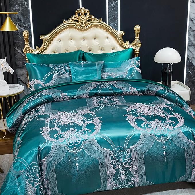 Bedding_Dreamer Jacquard Queen Comforter Set Green Sheet Set Satin Bedding Set 8 Pcs Vintage Neoclassical Floral Bed Home Decor Soft Comforter Luxury Hotel Silky Bed in a Bag with 1 Cushion Cover
