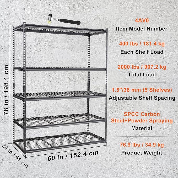 VEVOR Storage Shelving Unit, 5-Tier Adjustable, 2000 lbs Capacity, Heavy Duty Garage Shelves Metal Organizer Wire Rack, Black, 60" L x 24" W x 78" H for Kitchen Pantry Basement Bathroom Laundry Closet - Image 8