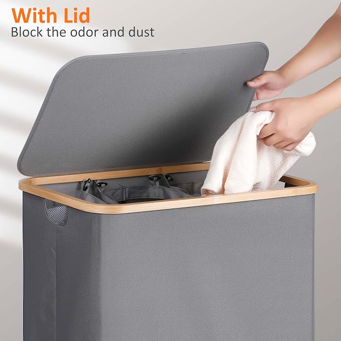 efluky Laundry Hamper with Lid, Trio Laundry Hamper with 3 Removable Bags, 3 Section Laundry Basket with Bamboo Handles for Bathroom, Bedroom & Laundry Room, 160L Silver Grey - Image 3