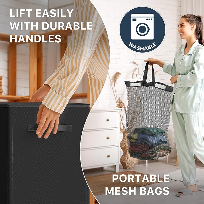 Simple Houseware Double Laundry Hamper with Lid and Removable Bags, Black - Image 4