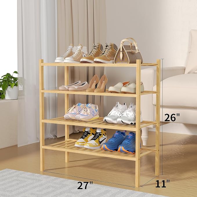 ROMGUAR CRAFT 4 Tier Bamboo Shoe Rack for Closet Free Standing Wood Shoe Shelf for Entryway Small Space Stackable 27"x11"x26" (Natural) - Image 3