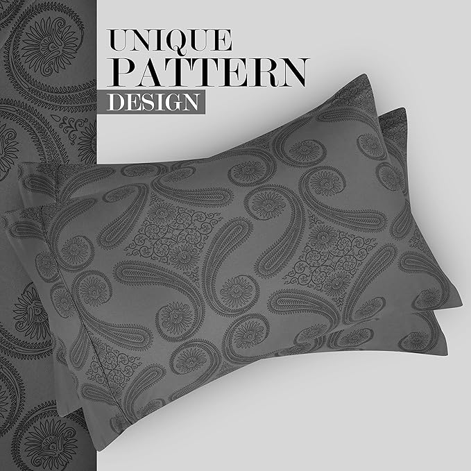 Utopia Bedding Queen Sheet Set, Soft Microfiber 4 Piece Bed Sheets with 15" Deep Pocket - Easy Care Brushed Microfiber (Paisley - Grey)