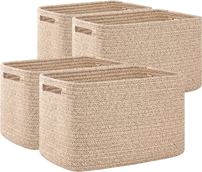 OIAHOMY 4 Pack Storage Baskets for Organizing, Cube Storage Bins for Shelves, Rectangle Storage Baskets With Handles, Woven Baskets for Storage, 12.7''Lx9''Wx7.8''H, Brown by MasterofSpaceOptimization