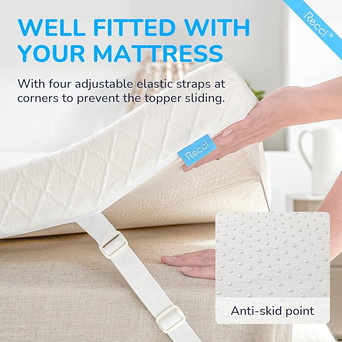 RECCI 3 Inch Full Mattress Topper - Pressure-Relieving, CertiPUR-US Certified, Removable & Washable Cover, Durable & Multi-Use