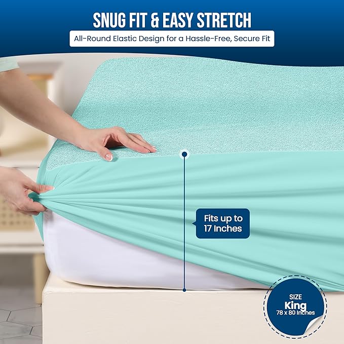 Utopia Bedding Waterproof Mattress Protector King Size, Premium 200 GSM Terry Mattress Cover, Soft & Breathable Bed Cover, Fitted Sheet Style with Stretchable Deep Pockets 17" (Spa Blue)