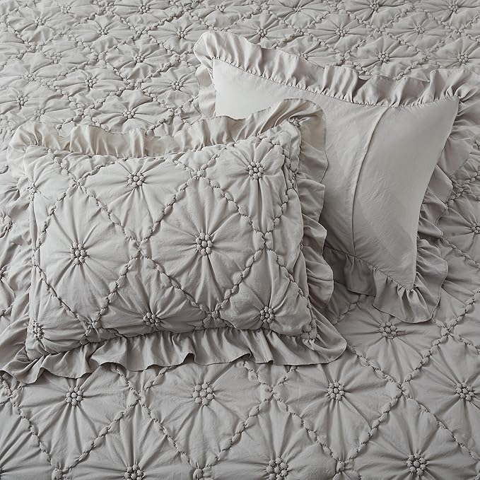 BEDAZZLED Twin Size Comforter Sets, Grey Bedding Comforter Set, 2 Pieces Pinch Pleat Bedding Sets with Comforter and Pillowcases Soft Farmhouse Shabby Chic Comforter for All Season