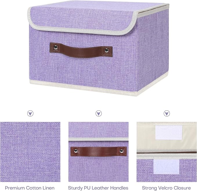 ANMINY 2PCS Storage Bins with Lid PU Leather Handles Storage Boxes PP Plastic Board Decorative Foldable Lidded Cotton Linen Fabric Home Cubes Baskets Closet Organizer Containers - Purple, Small Size - Image 3