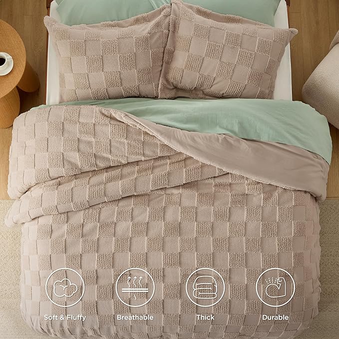 Bedsure Full Size Comforter Set Khaki, Boho Tufted Bed Set, Checkered Farmhouse Shabby Chic Bedding, 3 Pieces, 1 Plaid Geometric Comforter and 2 Pillow Shams