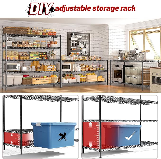 REIBII 55.5" W Storage Shelves 3200LBS Wire Shelving Unit 5 Tier Metal Shelving Heavy Duty Garage Shelving Metal Shelves for Storage Rack Adjustable Pantry Shelf, 55.5" W X 18''D X 71" H, 4PCS - Image 9