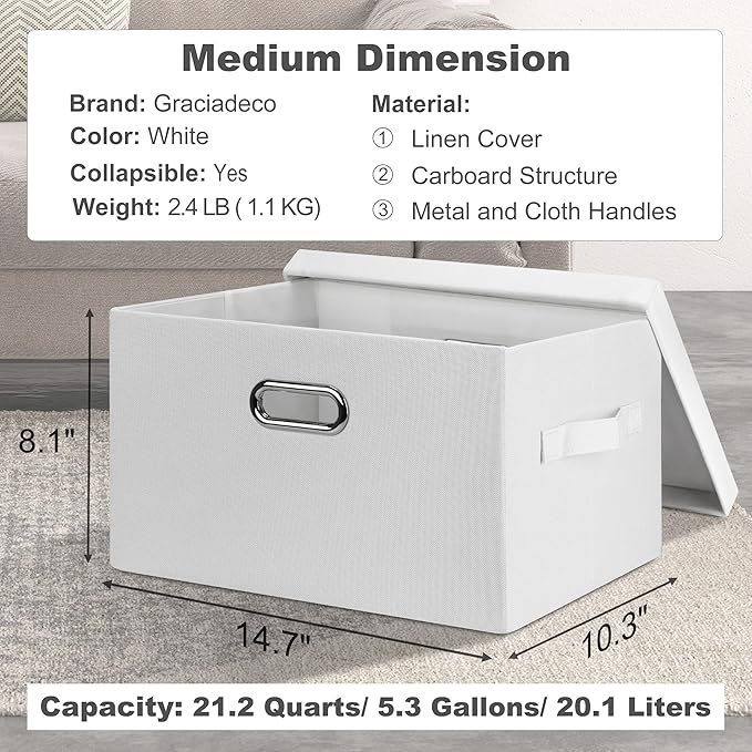 Graciadeco Medium 15" 21 Quart Collapsible Stackable Storage Bins with Lids, 3 Packs White Foldable Fabric Closet Boxes Heavy-duty Linen Cube Baskets Container for Bedroom Office (15 x 11 x 8) - Image 2
