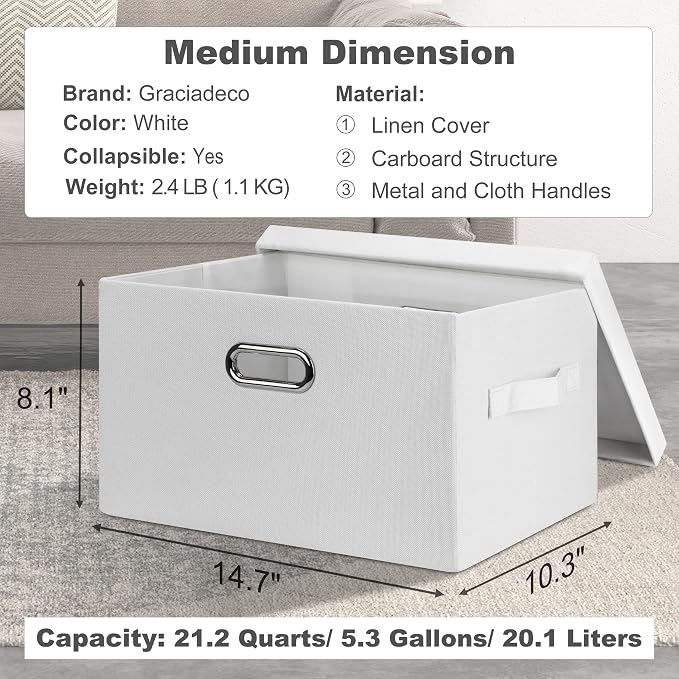 Graciadeco Medium 15" 21 Quart Collapsible Stackable Storage Bins with Lids, 1 Pack White Foldable Fabric Closet Storage Boxes with Lids, 4 Handles Heavy-duty Linen Cube Baskets for Bedroom - Image 2