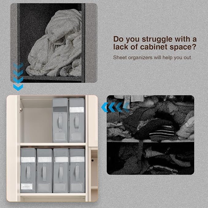 DIMJ Bed Sheet Organizers and Storage 8 Pack - Foldable Sheet Holder for Linen Bedding Storage Box for organization, Sheets Set Holder for Blanke, Towel (King & Queen Size), Grey - Image 6