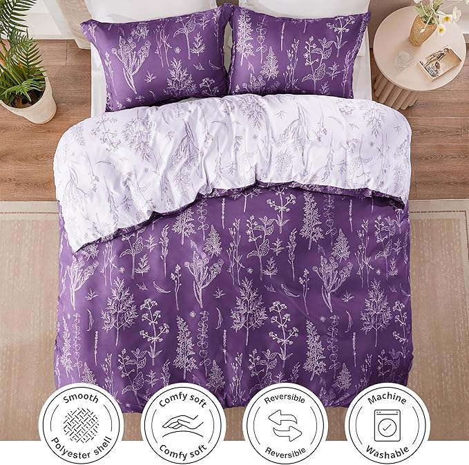 Love's cabin Dark Purple Twin Comforter Set - Twin XL Size Comforter Set Dorm Bedding, 2 Pieces Cute Floral Bedding, Soft Reversible Flowers Comforter, 1 Comforter & 1 Pillow Sham