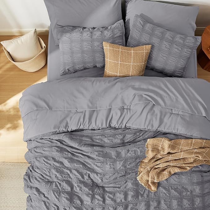 Bedsure Bed in a Bag King - 7 Pieces Plaid Seersucker Bedding Comforter Sets, Soft Lightweight Grey Boho Bed Set with Comforters King Size, Sheets, Pillowcases & Shams