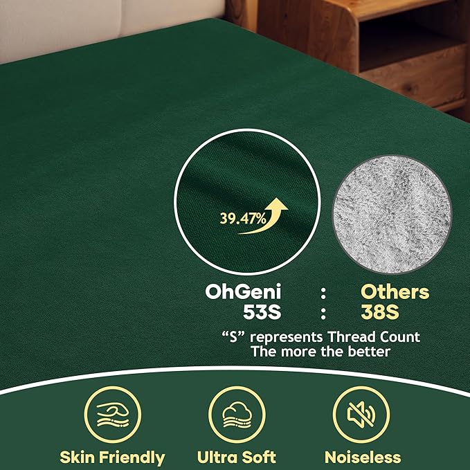 OhGeni 100% Waterproof Mattress Protector, Queen Size Green, Fitted Sheet with Deep Pockets, 6''-18'', Premium Noiseless Breathable Soft Material, Mattresses Cover for Bed