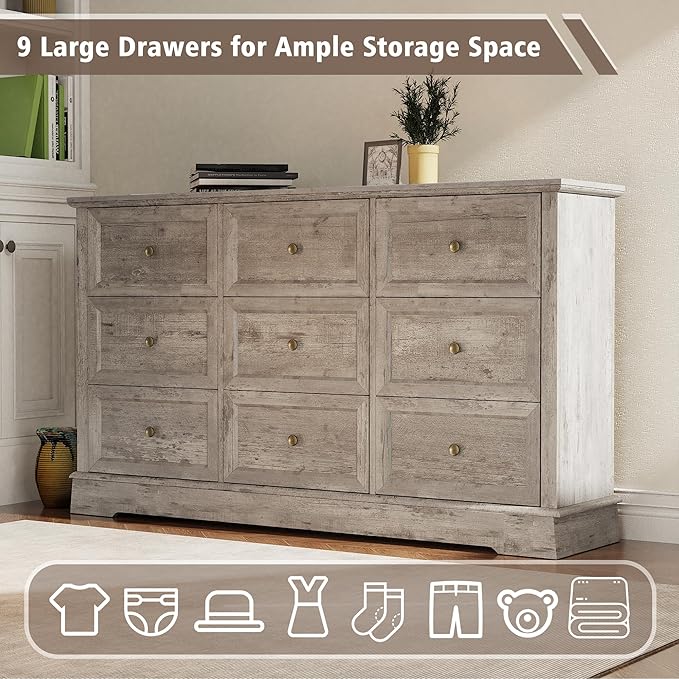 KIGOTY Farmhouse Bedroom Set, 3 Piece Bedroom Furniture Set, 9/5 Drawer Dressers,Rustic Closet Clothes Organizer, Drawer Dresser Set for Home,Grey
