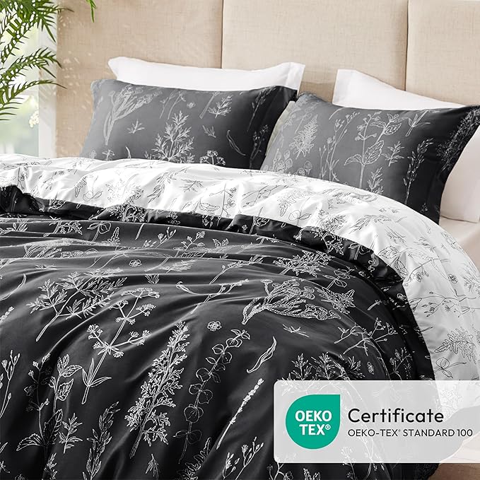 Love's cabin Black Full Size Comforter Set - Full Comforter Set, 3 Pieces Cute Floral Bedding Sets for All Seasons,1 Soft Reversible Botanical Flowers Comforter and 2 Pillow Shams