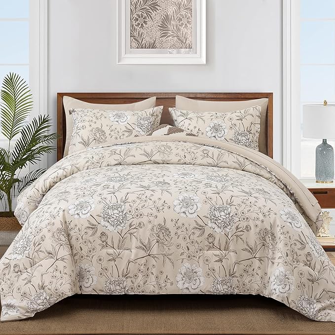 Yiran 7 Piece Bed in a Bag Beige Comforter Set King Leaves Botanical Bedding Set,Soft Microfiber Floral Comforter with 2 Pillowcases 2 Pillow Shams 1 Flat Sheet 1 Fitted Sheet 104"×90"